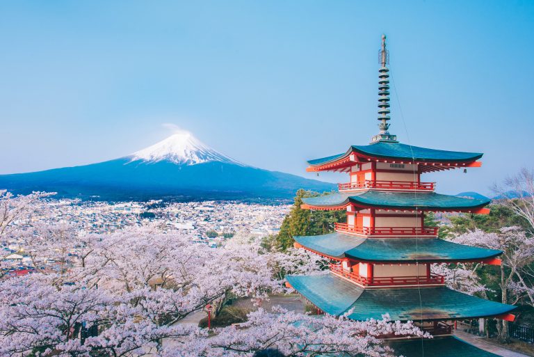 Cherry blossoms in spring, Chureito pagoda and Fuji mountain in Japan