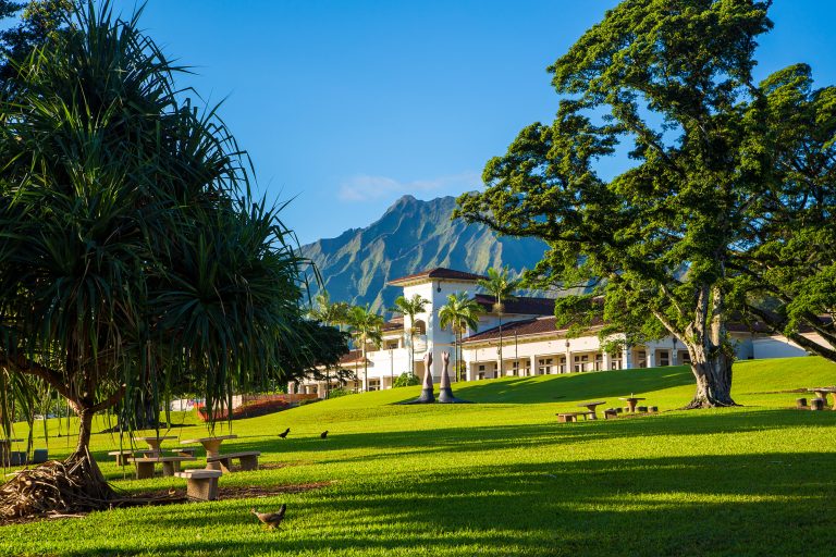 Beautiful park with university of Hawaii during sunny day near H