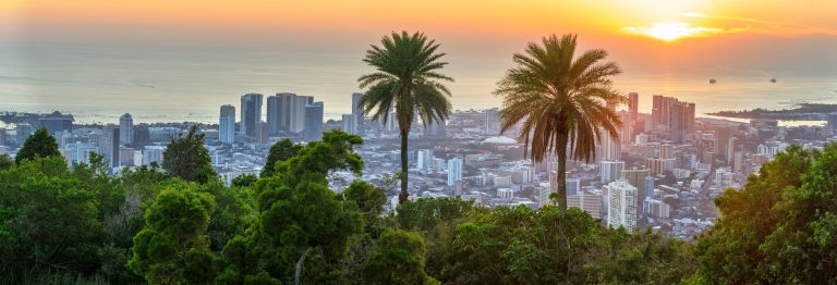 View to Honolulu from Tantalus Lookout at sunset, Oahu, Hawaii