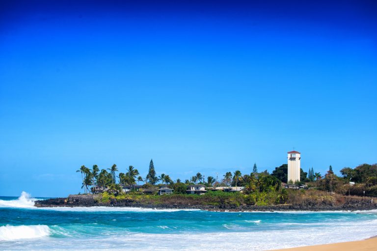 White wash as large waves wash into Waimea Bay