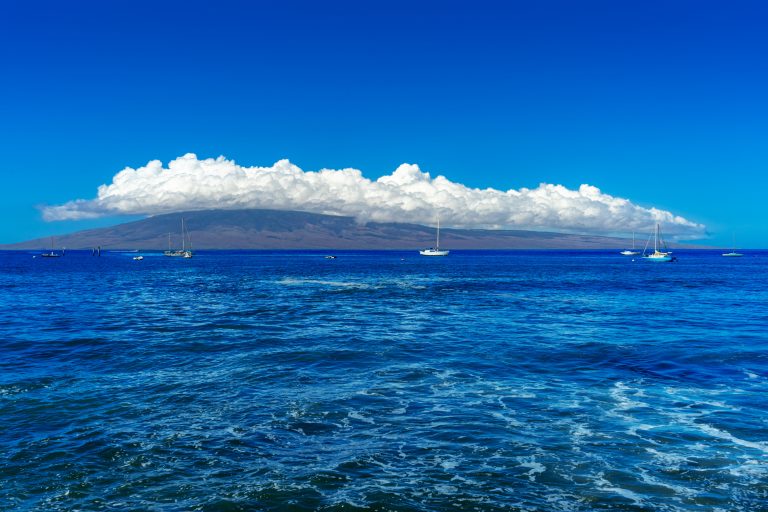 View of the island of Lanai from coast of Lahaina in Muai, Hawai