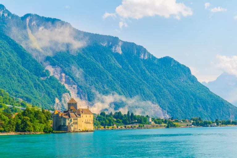 Chillon castle situated on shore of the Geneva lake in Switzerland