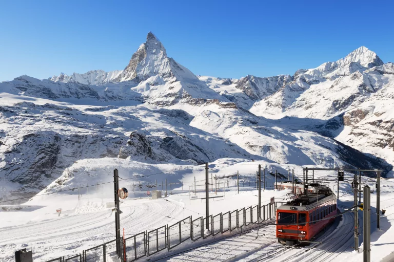 Switzerland Alps Matterhorn Snow Mountains at Gornergrat bahn train station, Zermatt, Switzerland