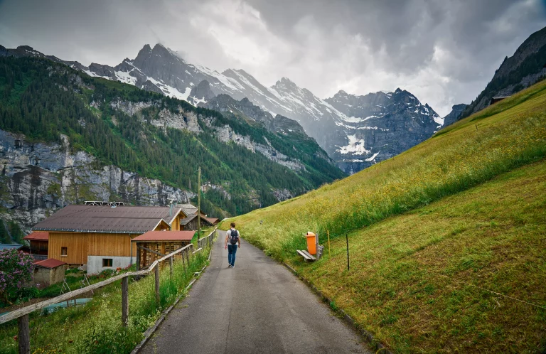 Swiss Alps landscape photo with nature and snowy mountains taken above Lauterbrunnen valley, Switzerland