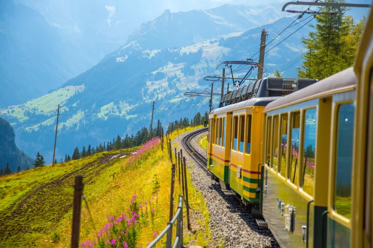 The Swiss train that carries hikers from Lauterbrunnen to Kleine Scheidegg, Switzerland