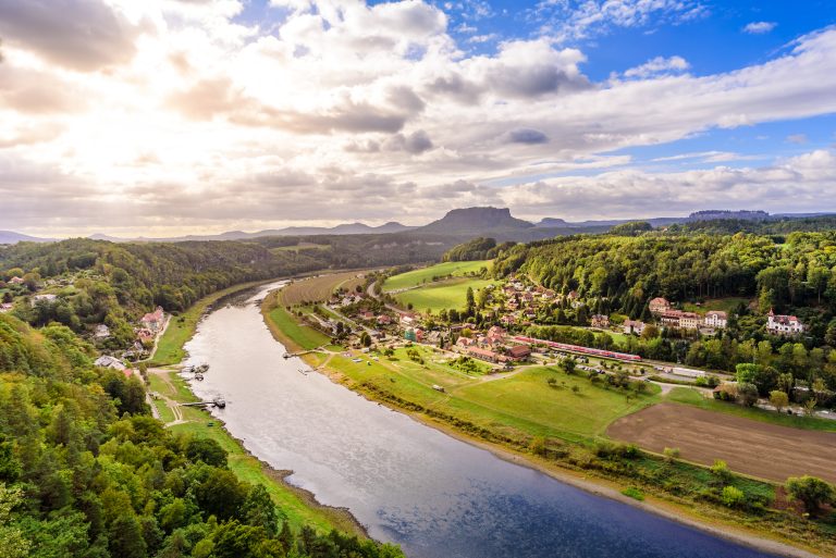 View from the bastei viewpoint of the Elbe river and the Rathen