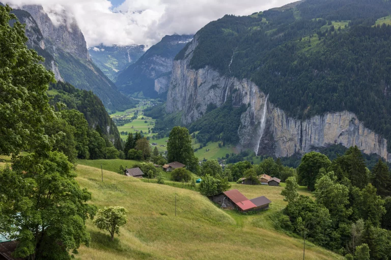 iconic Swiss valley full of waterfalls in Lauterbrunnen