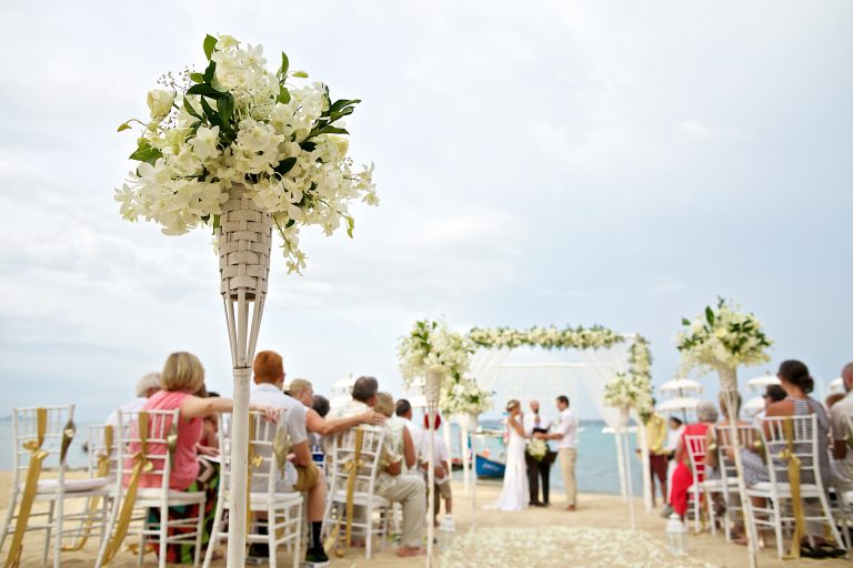 soft focus of beautiful flower decoration in the beach wedding c