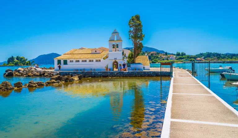 Landscape of religious architecture of Vlacherna monastery of Panay region in Corfu village, Greece