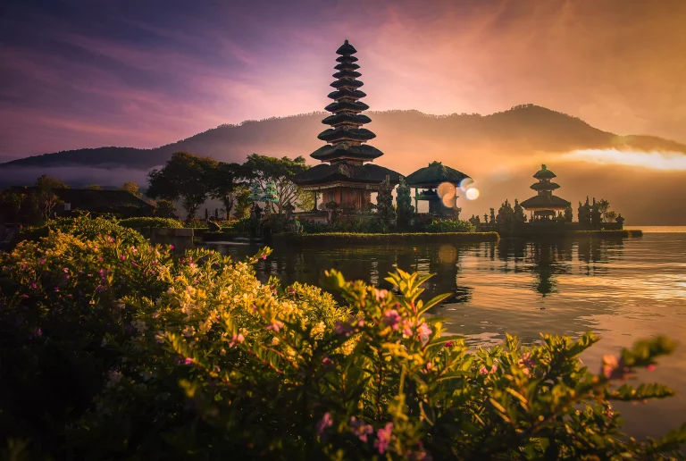 Pura Ulun Danu Bratan, Hindu temple on Bratan lake landscape at sunrise in Bali, Indonesia