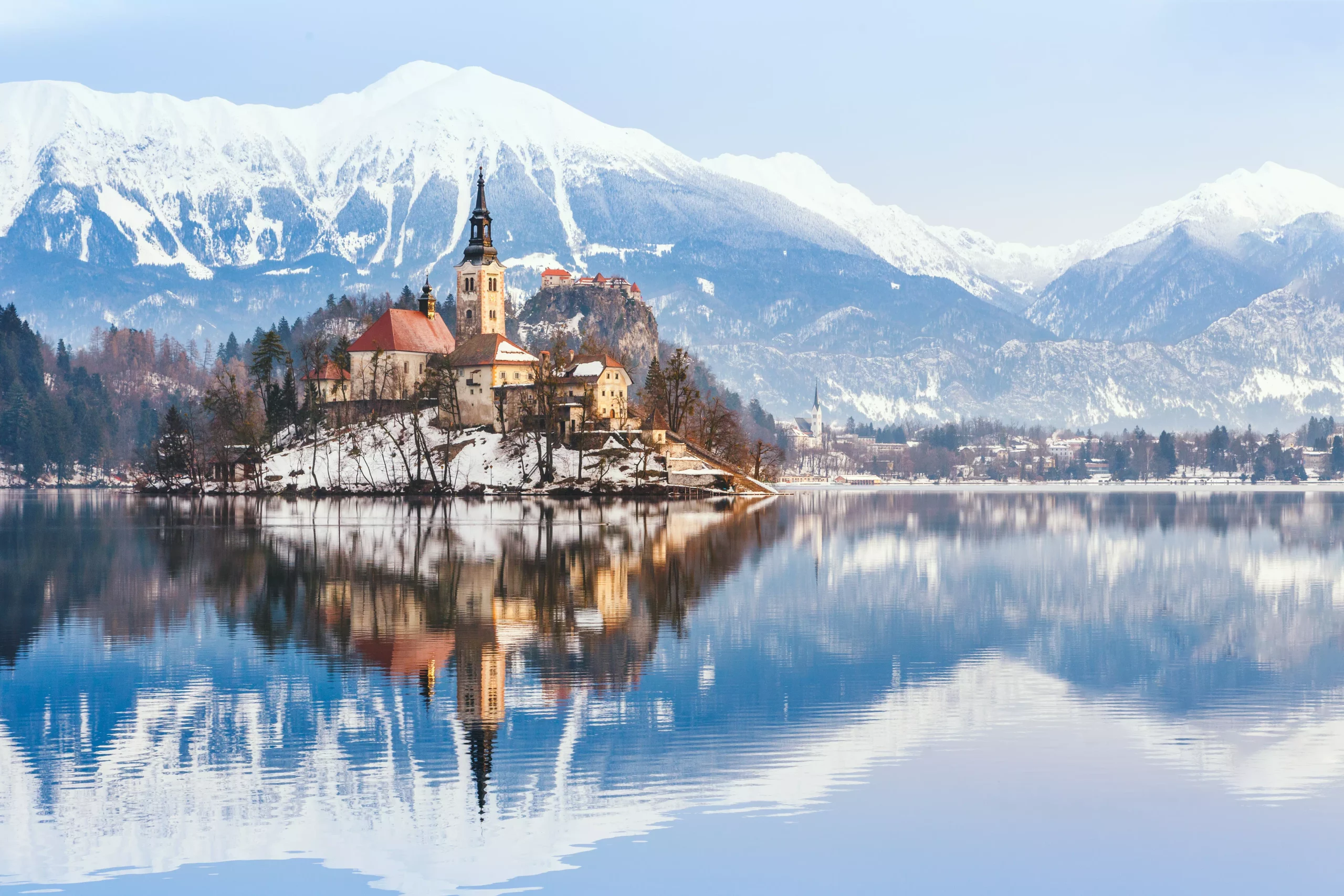 Winter landscape Bled Lake, Slovenia