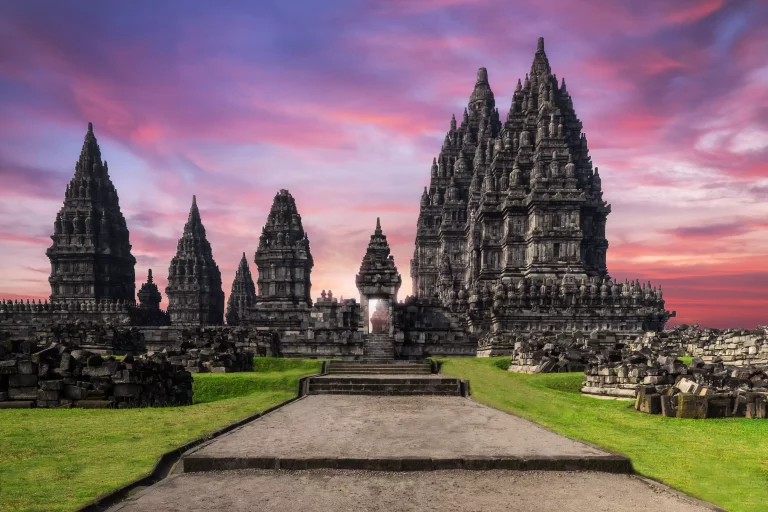 Amazing Prambanan Temple against sunrise sky