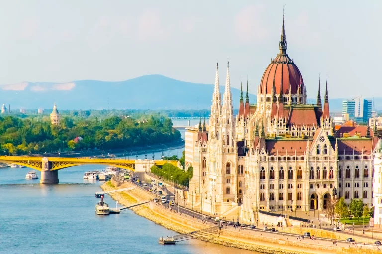 Colorful view of Parliament and Chain Bridge in Budapest city, Splendid spring cityscape of Budapest, Hungary in Europe