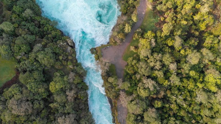 Aerial panoramic view of Huka Falls landscape, Taupo - New Zeala