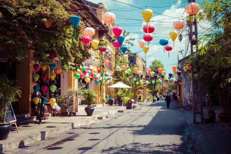 Hoian Ancient town houses. Colourful buildings with festive silk lanterns. UNESCO heritage site. Vietnam