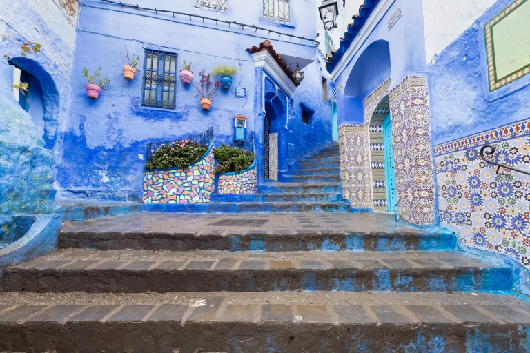 Traditional typical moroccan architectural details in Chefchaouen, Morocco,