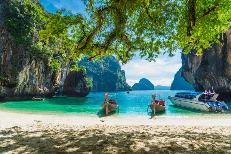 Beautiful nature scenic landscape Koh Lao Lading island beach with boats for traveler, Famous place tourist travel Krabi Phuket Thailand