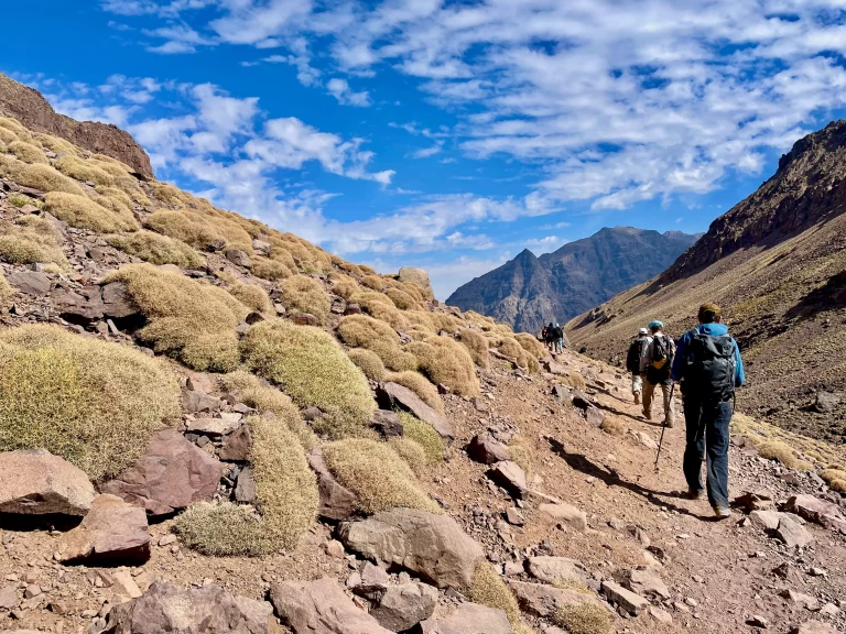 Hikers on Djebel Toubkal trek,North Africa's highest mountain in the High Atlas Mountains, Morocco