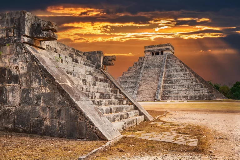 Chichen Itza - Twilight with Jaguar and temple of Kukulkan, Mexico landmark