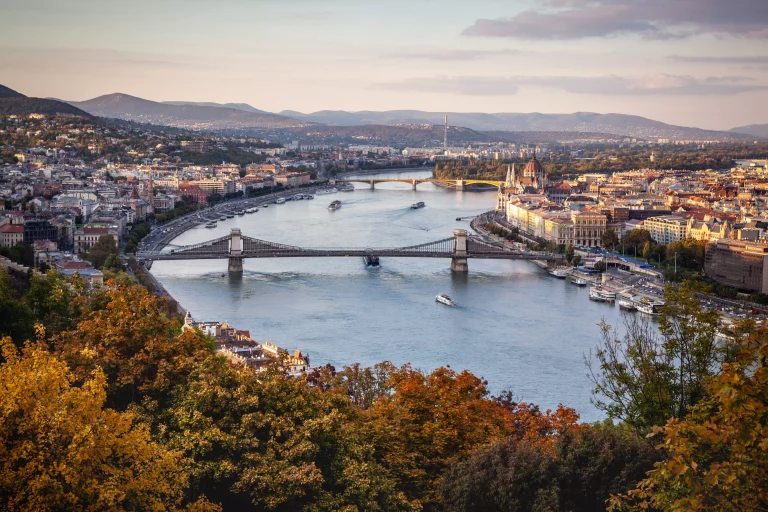 A view of a Gellert hill with Chain bridge and Parliament - Budapest, Hungary, Europe