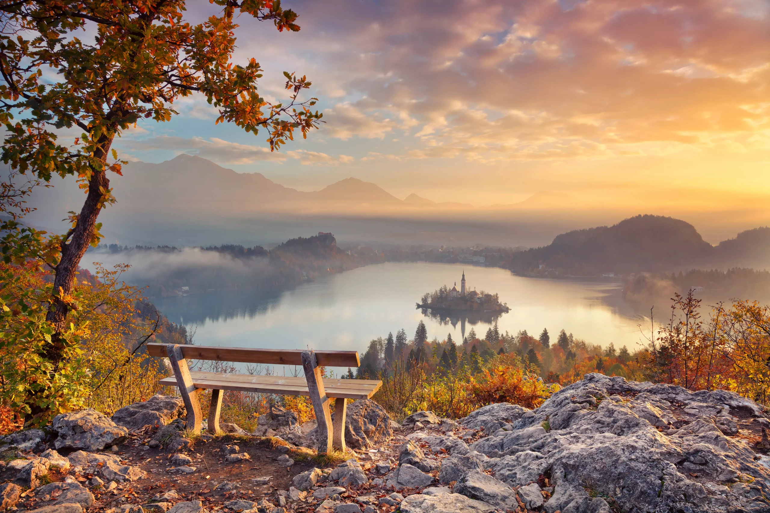 Autumn Lake Bled. Lake Bled with small Bled Island during autumn sunrise. Bled, Slovenia, Europe